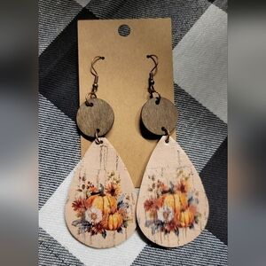 Wood and faux leather double sided fall pumpkin and flower earrings